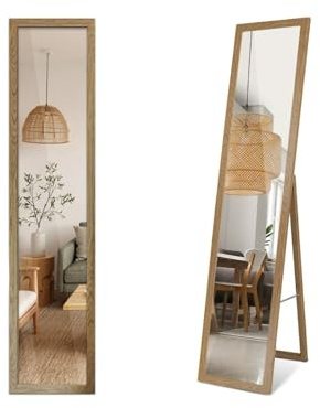 Specchio a Figura Intera 36x156 cm da Pavimento Cornice Legno MDF Rettangolare con Supporto Moderno Trasportabile Stretto per Sala da Pranzo, Camera da Letto, Guardaroba e Ufficio