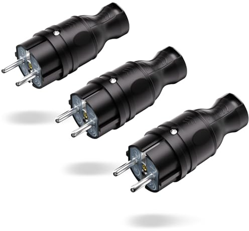 Connettori Schuko 3 Pezzi, IP44 Schuko Spina, 250 V/16 A Spina con Contatto di Protezione, Adatto per Interni ed Esterni(Nero)