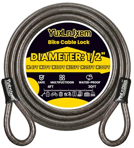Bike Lock Cable: 12MM Heavy Duty Braided Design - Flexible 4ft/7ft/10ft/15ft/25ft/30ft with Loop Ends Vinyl Coating Rust-Proof for Anti-Theft of Bikes/Gates/Motorcycles/Furniture​ (7FT)