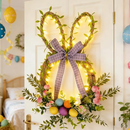 Corona decorativa pasquale con luce a LED, decorazione pasquale per porta, decorazione pasquale illuminata, con uova di Pasqua, decorazione pasquale a LED, decorazione pasquale da appendere, ghirlanda