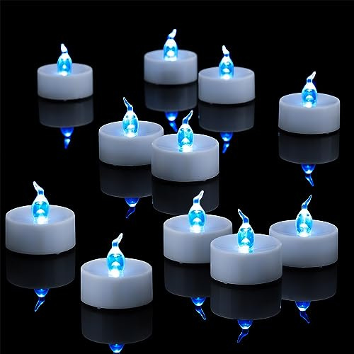 Yakpo 24 velas de té LED azules, con pilas, sin llama, parpadeantes, velas votivas eléctricas de colores para bodas, fiestas azules, Navidad, Halloween, decoración de aniversario