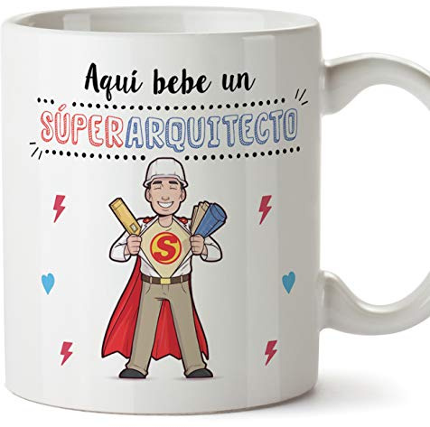 MUGFFINS Arquitecto Tazas Originales de café y Desayuno para Regalar a Trabajadores Profesionales - AQUÍ Bebe UN SÚPER Arquitecto - Cerámica 350 ml