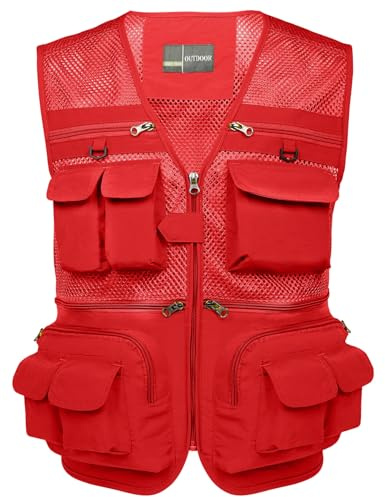 Flygo Men's Fishing Vest Utility Lightweight Outdoor Travel Safari Photo Cargo Vest with 16 Pockets, Red-mesh, XL