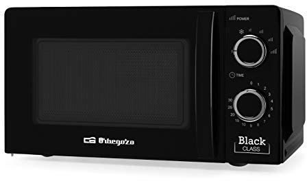 Orbegozo MI 2117, Microondas, 700 W, 6 niveles de potencia, 20 litros de capacidad, temporizador hasta 30 minutos, programa de descongelación, señal fin de cocción, color negro