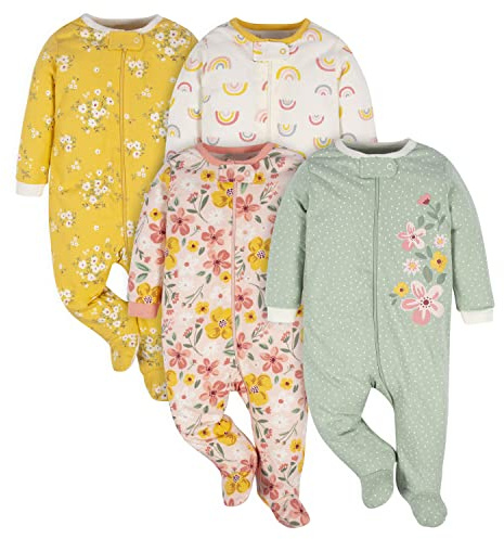 Gerber Baby Girls 4 Pack 'N Play Footie And Toddler Sleepers, Golden Floral, 0-3 Months US