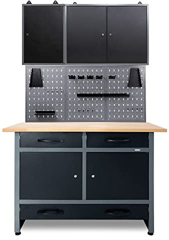 Ondis24 Werkstatteinrichtung 4 teilig Werkstatt Werkbank Werzeugschrank Euro - Lochwand mit Haken Buchenholzarbeitsplatte