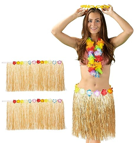 Relaxdays Hula Rock, set om 3, 50 cm lång, kardborreband, Hawaii-kjol med blommor, kostymkjol för kvinnor och män, färgglad