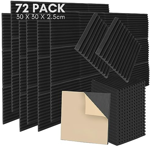 Sonnewelt Lot de 72 mousses acoustiques autocollantes - 2,5 x 30 x 30 cm - 3D - Absorbeur acoustique haute densité - Pour studio d'enregistrement, bureau - Noir