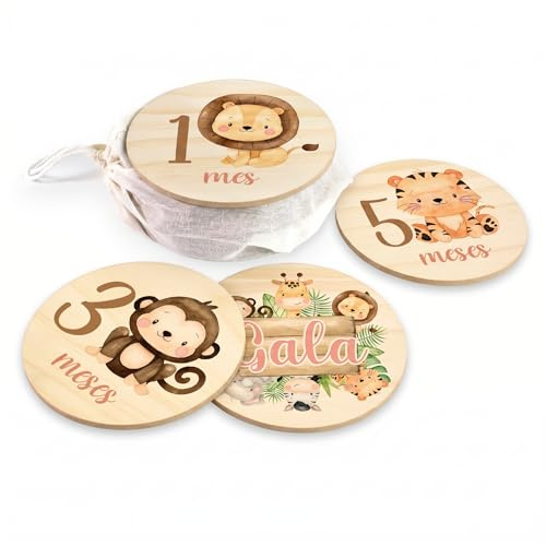 DEHOME - Placas Cumplemes Personalizadas con Nombre - Tarjetas Hito Bebé Madera Pino Natural 4mm - Impresión Directa sobre la madera - Regalo para Recién Nacido Hecho en España (Safari, Español)