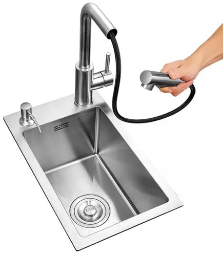 FIVIXIL Kitchen sink balcony bar washbasin sink 304 stainless steel single sink with pull-out tap, soap dispenser, telescopic basket, workstation kitchen sink (Silver, 28 * 46 * 22cm)