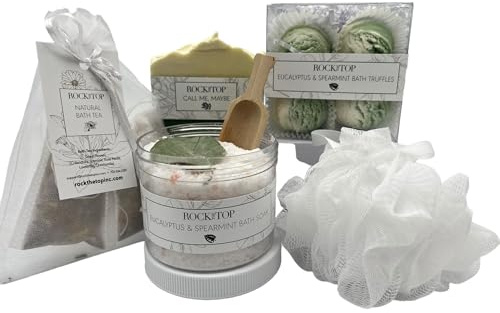 Rock the Top USA MADE | Eucalyptus Spearmint Spa Gift Baskets for Women. 6 Cold & Stress Self Care Gifts, Aromatherapy Epsom Salt Bath Soak, Bath Soap, Bath Bombs (Truffle), Bath Salts Gift Basket.