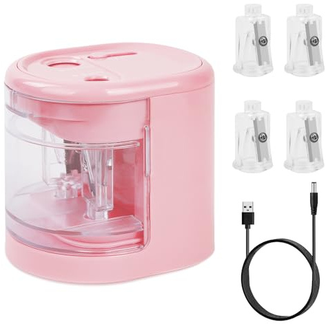 AUAUY Taille-Crayon Électrique avec Double Trou, Taille-Crayon Automatique à Piles avec 4 Porte-Couteaux Supplémentaires et Chargeur, pour Crayons Standard de 6-8 mm/9-12 mm, Crayons de Couleur (Rose)