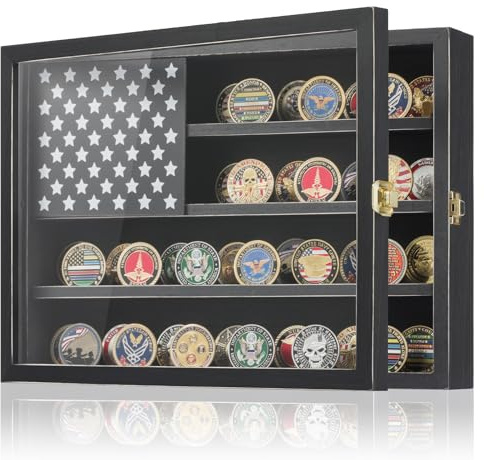 Kacorn Coin Display Case 15x11 Military Challenge Coin Holder Wooden American Flag Medal Poker Chip Wall Decor Gift for Collector, Grandfathers, Fathers, Comrade-in-arms, Black