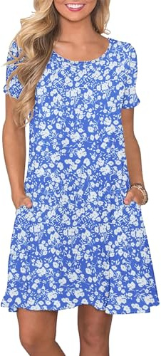 AUSELILY Abito T-Shirt Estivo Donna Casual a Maniche Corte con Tasche | Scollo a Rotondo, sopra il Ginocchio, Vestito a linea A