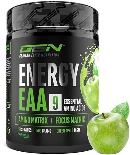 EAA Energy Mix - 500 g - Amino Matrix + Focus Matrix - Bevanda energetica senza zucchero - Con caffeina, taurina, guaranà, N-acetil-L-tirosina - Pre Workout Booster - Vegan (Mela Verde)