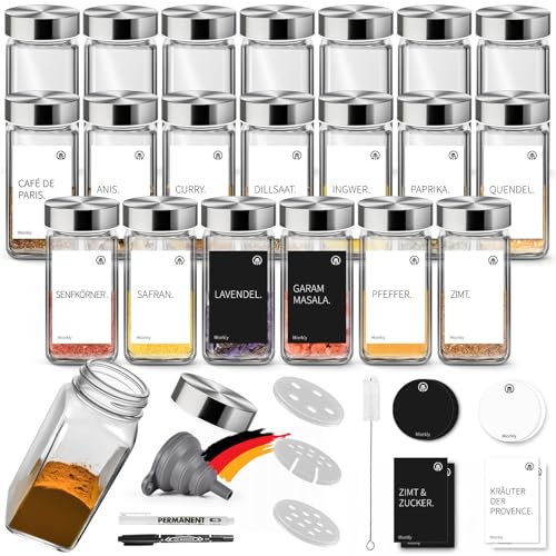 Miorkly Lot de 24 pots à épices carrés avec saupoudreur, couvercle en acier inoxydable, 120 ml, avec saupoudreur, entonnoir, étiquettes et crayon à craie, organisateur de cuisine