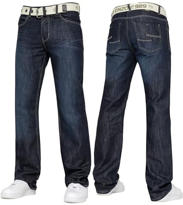 989Zé ENZO Mens Denim Straight Leg Jeans Trousers Regular Fit Stylish Fashion All Waist Sizes Free Belts EZ14 Darkwash 32W / 32L