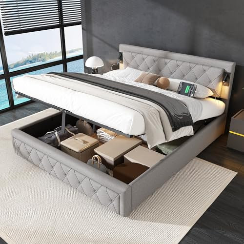Aoskem Polsterbett 180x200 cm Doppelbett mit Stauraum, Kopfteil mit Leselicht & USB-Ladestation, Stauraumbett Bettgestell mit Lattenrost, Jugendbett Rückenlehne Flachbett, Ohne Matratze, Leinen Grau