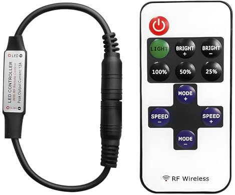 RF Wireless Remote Control With 11-Key Controller for Single Color 3528 5050 LED Strip Lights, DC Connector, 12V DC LED Ribbon and Shelf Lights