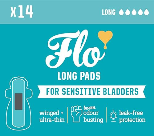 Flo Sensitive Bladder Bamboo Long Pads with Wings – Discreet, Ultra-Thin, Hypoallergenic - Medium Incontinence, Odour Control Protection - 14 Pads