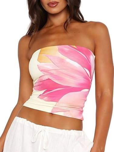 Sukiglam Camiseta Sin Mangas para Mujer Verano Camisetas de Flores Bandeau Tops Sin Tirantes Corta de Tubo Top Fiesta Sexy Y2k Sin Espalda Blusas Casual Camisola Shirt Hombros Descubiertos