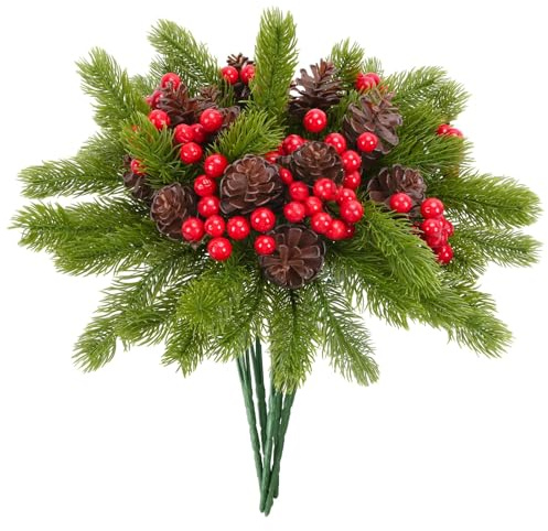 Fairblo 6 Piezas Ramas de Pino Artificial de Navidad, Ramas de Abeto con Bayas Rojas y Conos de Pino Naturales Adornos Navideños para Coronas de Navidad Decoración de Jarrones para Hogar