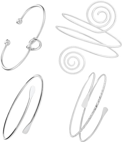 XLTXWD 6 Pcs Silver Arm Cuff, Arm Cuff, Statement Spiral Design Bracelet Set with Leaf & Snake Motifs Minimalist Simple Greek Armlet Wedding Fashion Jewelry (Silver 4PCS)