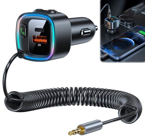 SGZIOO Bluetooth-adapter Auto Aux, 5,4 Bluetooth Aux-adaptrar, adapter billigarettändare, med 90 cm fjädertråd, 3,5 mm AUX-ljudport, med PD 30 W och QC 12 W snabbladdning