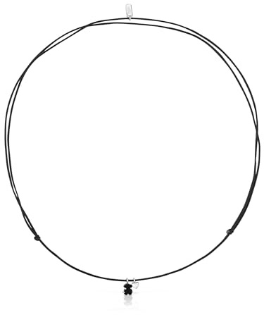 TOUS Collar de Plata de Primera Ley y Cordón con Motivo Corazón y Oso en Ónix para Mujer, 75cm de Largo, Colección Mini Color