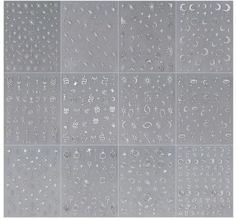 Xanthelle Pegatinas de Uñas, 12 Piezas Nail Sticker Pegatinas Autoadhesivas para Diseños de Estrellas, Luna y Serpiente