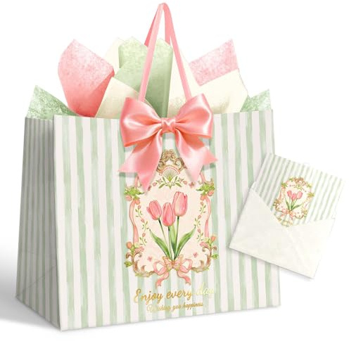 NICROHOME EUR 13'' Große Geschenktüten, grün gestreifte Papiergeschenktüte mit Grußkarte, Seidenpapier und rosa Schleifen, Geschenkverpackungstüten für Geburtstag, Hochzeit, Muttertag, Gastgeschenke