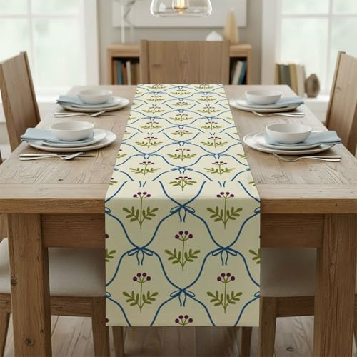Purple Berry Clusters Green Leaves Blue Ribbons Table Runners Table Turner for Dining Extra Long Runner Kitchen Dining Decoration Spring Theme Kitchen Decor for Home Holiday Decor 14 × 108 inch