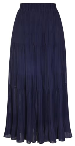 Kate Kasin Falda larga de volantes para mujer, falda elástica de cintura alta, gasa ligera que fluye para primavera y verano, azul marino, L