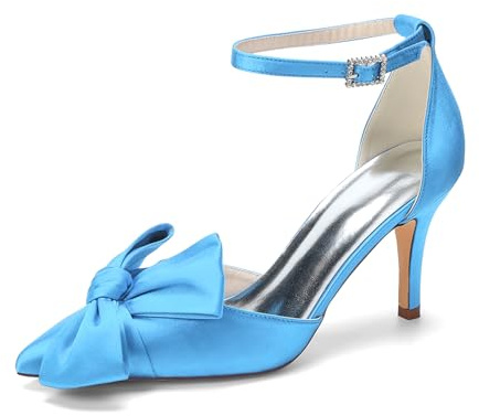 HFWXYSA Escarpins Mariage Femme Satin Talon Aiguille Chaussures Bride Cheville Noeud Élégant Soirée Cérémonie,Sky Blue,35 EU