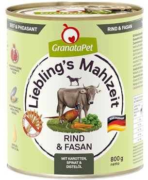 GranataPet Pasto preferito di manzo e fagiano, cibo umido per cani, cibo per cani senza cereali e senza zucchero, alimento completo, 6 x 800 g