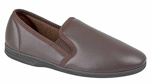 ZEDZZZ Mens Gents Leather Look Full Slippers Black Brown Size UK 6-14 (10, Brown)