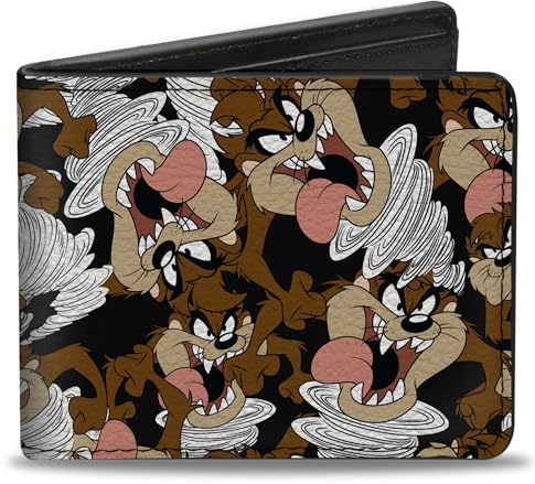Buckle-Down Hommes PU Bifold - Diable de Tasmanie Vortex Poses épars Noir Bi Fold Wallet, Multicolore, 4.0 x 3.5 US, Multicolore, Multicolore