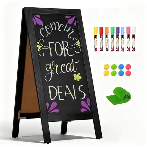 4 THOUGHT A-Frame Double-Sided Magnetic Chalkboard 40x20, Solid Pine Wood Freestanding Sandwich Board for Restaurants, Cafes, Weddings (Black)
