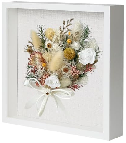 Muzilife 10x10 Shadow Box Picture Frame with Linen Board - Deep Wood & Tempered Glass Display Case Memory Box Baby Sports Memorabilia, Pins, Awards, Medals, Wedding, Tickets and Photos (White)