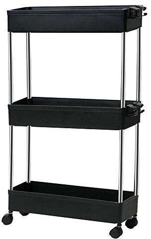 T-LOVENDO.ES Carro de Cocina Estrecho Alto con Ruedas. Carrito Auxiliar Organizador verdulero. Almacenaje Vertical cajones de plástico. 3 Niveles, Negro