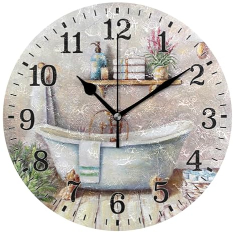 Silent Wall Clock for Bathroom Decorarion, Battery Powered No Ticking 10 Inch Round Small Plastic Horloge for Home, Living Room