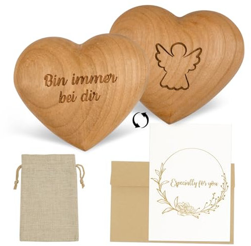 BETESSIN Handschmeichler Herz - Bin Immer bei dir - Holz-Herz im Schutzengel Motiv - Glücksbringer für Familie, Geliebte und Freunde - Schutzengel Geschenke für Babys und Patenskinder zur Taufe