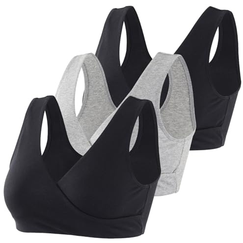 Topwhere Women's Cotton Wireless Sleep Bra for Nursing and Maternity (Black+Black+Grey, XXL)