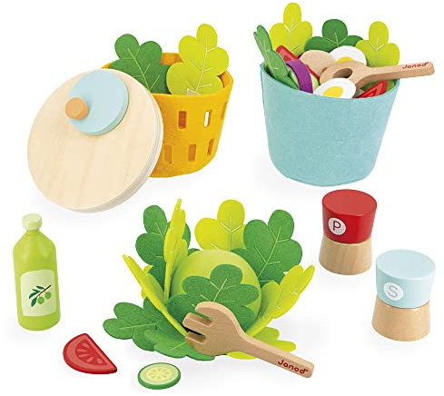 Janod - Mein Gemischter Salat - Rollenspielzeug Küche und Essgeschirr - 33-teiliges Set (Holz und Filz) - FSC-zertifiziert - Wasserfarbe - ab 3 Jahre, J06595