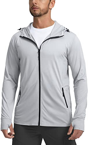 Men's UPF 50+ Light Jacket Full Zip Sun Protection Hoodie Long Sleeve Sun Shirts for Men Hiking Fishing Zip Pockets(Light Grey_L)