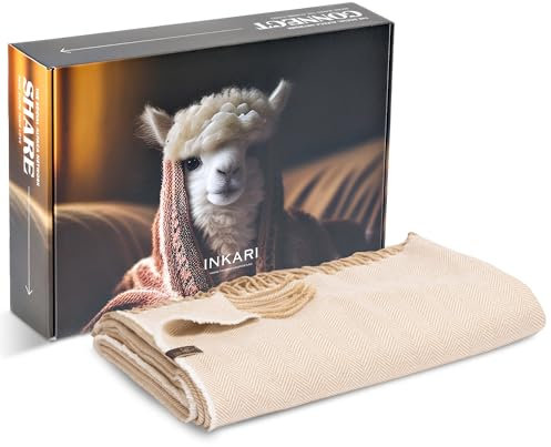 Inkari Alpaka Wolldecke – Kuschelige und Flauschige Decke aus Alpaka und Merinowolle – Perfekt für Sofa, Wohnzimmer und Bett, (Fishbone-Gold), (140 x 210 cm)