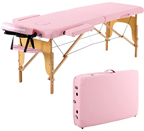 Panana Portable Mobile Folding Massage Bed Wooden Frame 2 Sections Table Tattoo SPA Couch (Pink)