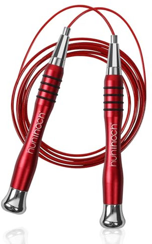 Huhloch Speed Weighted Jump Rope with Secure Lock Mechanism, 360° Smooth Swivel, Non-Slip Matte Textured Handles, Features 2 Performance Cords for Effective Fitness Workouts (Red)