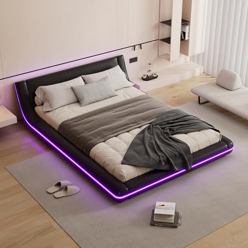 Aoskem Polsterbett 140x200 cm Doppelbett, LED-Bett, Flachbett Bodenbett, Bettgestell mit Lattenrost aus Holz, Jugendbett Rückenlehne Bett, Ohne Matratze, PU-Kunstleder Schwarz