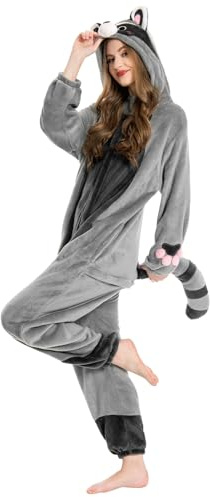 OLAOLA Combinaison pour Adultes Unisexe, Nouveauté Pyjama Costume pour Halloween, Doux Confortable Maison Vêtements de Nuit, Une Pièce Pyjama Cosplay Vêtements de Détente (S, Raton Laveur)